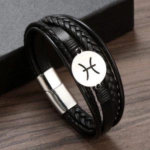 Men's multi-layer black leather bracelet with silver Pisces zodiac sign charm