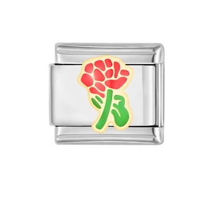 Detail eines italienischen Charms mit roter Emaille-Rose und vergoldeten Blumenrändern