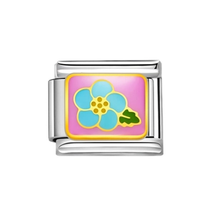 Detailansicht eines Edelstahl-Glieds mit blauer Blume auf rosa Emaille-Hintergrund für Armbänder