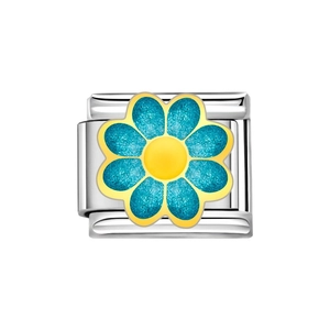 Makroaufnahme eines blauen Gänseblümchen-Charm-Glieds aus poliertem Edelstahl