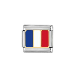 Detailed macro of Italian charm link featuring a French flag enamel inlay on stainless steel