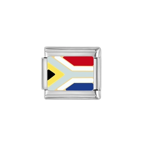 Detailed view of Italian charm link featuring South Africa flag in polished stainless steel