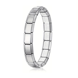 Close-up of stainless steel modular link bracelet showing the inner logo engraving