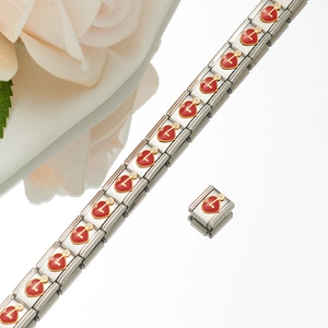 Italian charm bracelet link in silver stainless steel with red enamel heart and gold letter L