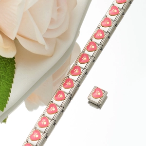 Italian charm bracelet with pink enamel heart and golden pet paw print on silver links