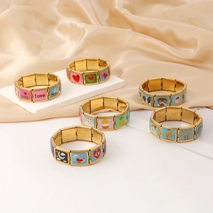 Modulares italienisches Edelstahl-Charm-Armband in Gold mit bunten Emaille-Details