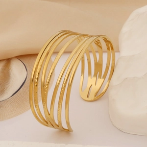 Golden multi-layer titanium steel open bangle with textured hammer finish for women