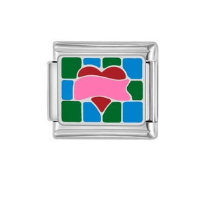 Italian charm link featuring a red heart and pink ribbon in polished stainless steel