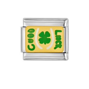 Maglia per bracciale italiano con quadrifoglio verde e scritta Good Luck su fondo giallo