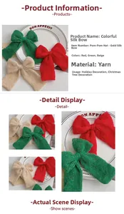Macro shot of knitted Christmas bows in red green and beige colors with gold thread detail