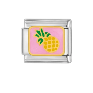 Italiaanse bedelarmband schakel van roestvrij staal met roze ananas en gouden rand