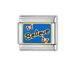 Bracciale modulare italiano in acciaio inossidabile argento con smalto blu e testo Believe