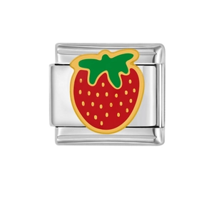 Italiaanse charm armband link van gepolijst roestvrij staal met aardbeienmotief