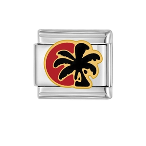 Italian charm bracelet link in stainless steel with black coconut tree and red sun enamel