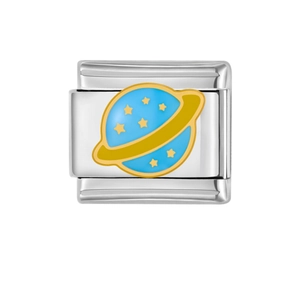 Charm modulare italiano in acciaio inossidabile con pianeta in smalto blu e stelle