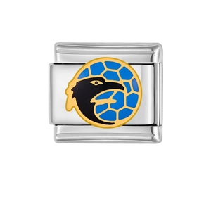 Italian modular stainless steel charm link featuring a black eagle silhouette on blue enamel