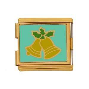 Italian modular charm in gold finish featuring Christmas bells and holly enamel design