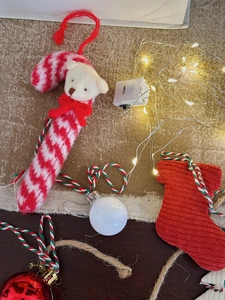 Christmas tree decor set with knit candy canes, plush bears, velvet socks and LED lights