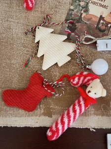 Cozy knitted Christmas tree ornaments set with bear, stockings and candy canes