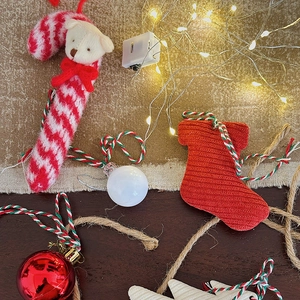 Christmas tree DIY kit with plush bear candy cane and festive red knit stockings ornaments