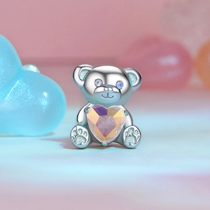 Abalorio de oso en plata S925 con cristal de corazón rosa para pulseras y joyería