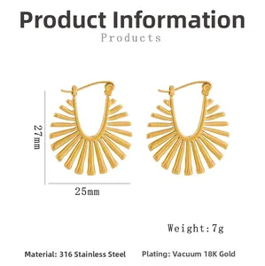 Detail of gold sunray earrings in 316 stainless steel showing 27mm height and 25mm width