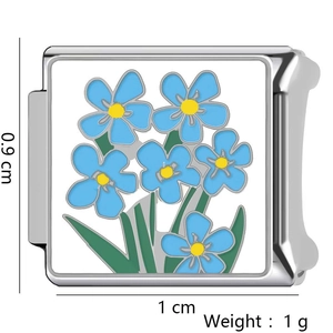 Italian style steel modular charm link with blue flower enamel detail and specifications