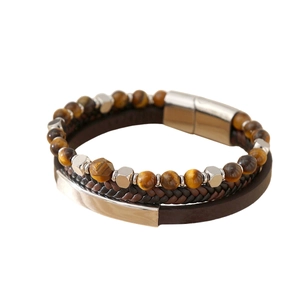 Men's triple-layer tiger eye stone and brown leather braided bracelet with magnetic clasp