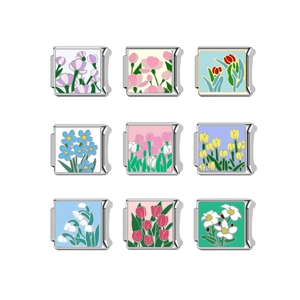 DIY flower italian charms set with colorful floral enamel patterns in stainless steel