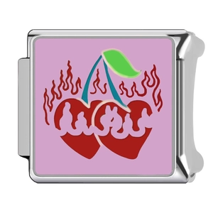 Italienischer Charm-Anhänger mit Kirschherz und Flamme auf lila Emaille-Edelstahl