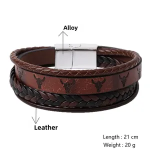 Mehrlagiges Herren-Lederarmband mit Stierkopf-Design und silbernem Magnetverschluss