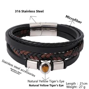 Handmade multilayer leather bracelet for men with natural yellow tiger eye stone and steel clasp