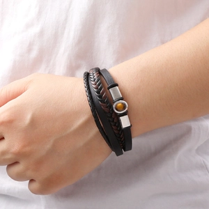 Men's multilayer leather bracelet with tiger eye stone inlay on stainless steel clasp