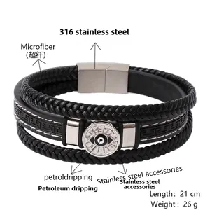 Bracelet multicouche homme œil protecteur en cuir avec fermoir magnétique acier inoxydable