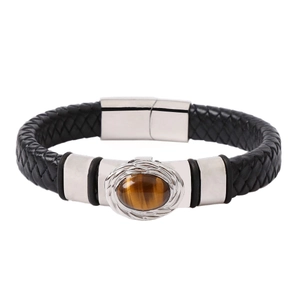 Bracciale da uomo in pelle nera intrecciata con pietra occhio di tigre e chiusura magnetica