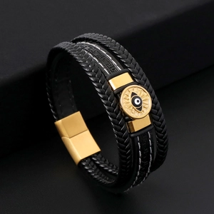 Bracelet multicouche en cuir pour homme avec fermoir magnétique œil grec doré