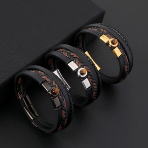 Men Multi-layer Braided Microfiber Leather Bracelet With 316L Stainless Steel Magnetic Buckle Natural Tiger Eye Stone