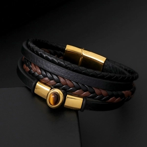Men's multilayer braided leather bracelet with golden tiger eye stone inlay and magnetic clasp