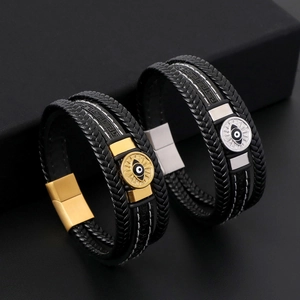 Bracelet Tressé Multi-rangs Mauvais Œil pour Hommes Acier Inoxydable 316 Fermoir Magnétique Cuir Microfibre Bijoux