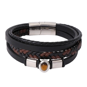 Multilayer braided leather men's bracelet with tiger eye stone and steel magnetic clasp