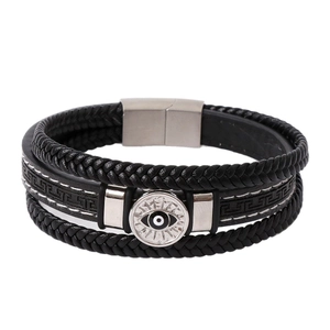 Bracelet pour homme en cuir tressé avec breloque Evil Eye et fermoir magnétique
