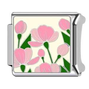 Italian charm link featuring a pink flower design on stainless steel for DIY bracelets
