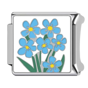 Italian charm for link bracelet featuring blue flowers on white enamel base