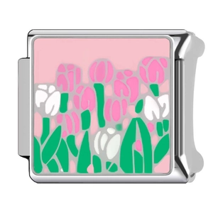 Pink tulip enamel charm module in stainless steel for DIY modular bracelets