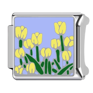 Modular link charm with yellow tulip pattern in blue enamel for DIY bracelets