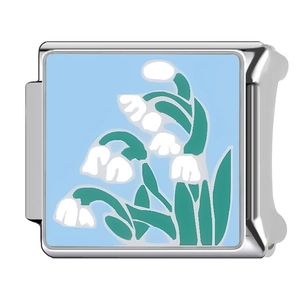 Italian style steel bracelet link featuring white lily of the valley on light blue enamel