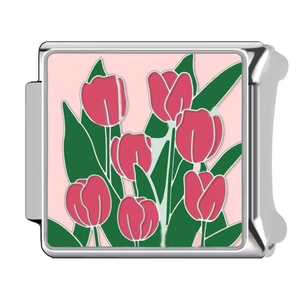 Italian charm link with pink background and red tulips pattern in stainless steel