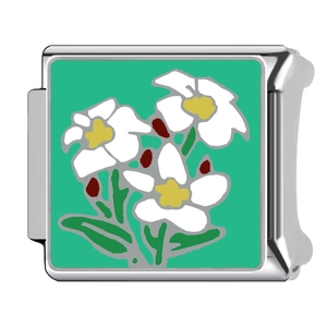 Italian style charm link in stainless steel with white flower pattern on green background