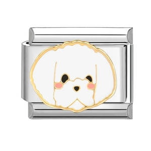 Maillon de charme italien en acier inoxydable avec petit chien en émail blanc et or