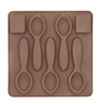 Detail view of a brown silicone chocolate mold with six spoon-shaped cavities on a white background